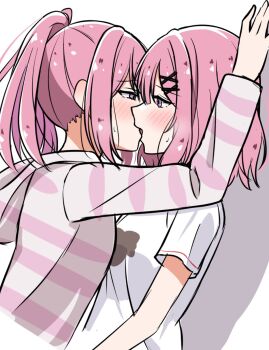 2girls amaori_haruna amaori_renako blush eye_contact french_kiss highres hood hoodie incest kiss long_hair looking_at_another medium_hair multiple_girls next_tomountain pink_hair pink_hoodie purple_eyes shadow shirt siblings sisters striped_clothes striped_hoodie watashi_ga_koibito_ni_nareru_wake_naijan_murimuri! white_shirt yuri