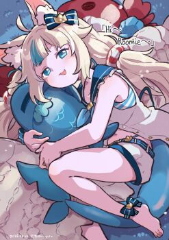 1girl ahoge animal_ear_fluff animal_ears blue_eyes blue_streaks cat_ears dress fins fish_girl fish_tail highres hugging_own_tail hugging_tail indie_virtual_youtuber long_hair looking_at_viewer low_twintails lying multicolored_hair on_side sameko_saba sameko_saba_(1st_costume) sameko_saba_(fish) smile solo streaked_hair tail tuzai_yu twintails very_long_hair virtual_youtuber white_dress