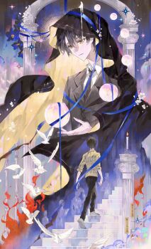 Rule 34 | 2boys, absurdres, bird, black cloak, black hair, black jacket, black necktie, black pants, black suit, blue ribbon, candle, candlelight, chinese commentary, cloak, collared shirt, commentary request, dove, dual persona, fire, formal clothes, full body, giant, highres, hood, hooded cloak, jacket, klein moretti, looking at object, lord of the mysteries, male focus, multiple boys, necktie, object floating above hand, on stairs, orb, pants, pillar, ribbon, shirt, shoes, short hair, sleeves rolled up, stairs, standing, stone pillar, stone stairs, suit, tears, walking, white bird, white shirt, xiyou de huakucha, yellow eyes, zhou mingrui