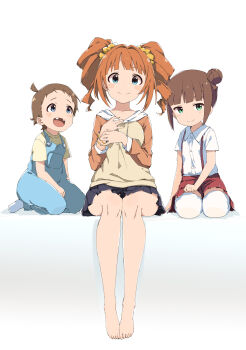 1boy 2girls barefoot black_skirt blue_eyes blue_overalls bracelet breasts brother_and_sister brown_hair closed_mouth collarbone dot_nose double_bun flat_chest full_body green_eyes hair_bun hair_ornament hair_scrunchie hands_up highres hood hood_down idolmaster idolmaster_(classic) idolmaster_million_live! idolmaster_million_live!_theater_days long_hair long_sleeves looking_at_another looking_at_viewer multiple_bracelets multiple_girls overalls pleated_skirt rauto red_skirt scrunchie seiza shirt short_sleeves siblings simple_background sisters sitting skirt small_breasts smile socks suspender_skirt suspenders takatsuki_kasumi takatsuki_yayoi thighhighs twintails two-tone_hoodie white_background white_shirt white_socks white_thighhighs yellow_scrunchie yellow_shirt