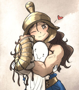 Rule 34 | 1boy, 1girl, armor, belt, brown eyes, brown hair, choke hold, clenched hand, gladiator, heart, helmet, highres, ironlily, long hair, looking at viewer, manica, muscular, muscular female, one eye closed, original, pauldrons, sacabambaspis, shoulder armor, simple background, single pauldron, single vambrace, skirt, smile, solo, strangling, topless female, upper body, vambraces, veins, veiny arms