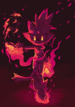 1girl absurdres animal_ears artist_name blaze_the_cat burning cat_ears cat_girl cat_tail commentary english_commentary fire foxefuel fur-trimmed_gloves fur-trimmed_shoes fur_trim furry furry_female gloves glowing glowing_eyes highres looking_at_viewer signature sonic_(series) tail yellow_eyes