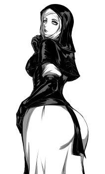 Rule 34 | 1girl, absurdres, ass, box wonderland, breasts, capelet, closed mouth, coif, commentary, elden ring, elden ring nightreign, english commentary, eyelashes, gloves, greyscale, highres, hood, large breasts, looking at viewer, looking back, monochrome, nun, simple background, solo, standing, undertaker (elden ring), white background