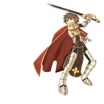 1boy arm_up armor armored_boots belt blue_eyes boots breastplate brown_belt brown_hair brown_tabard cape chainmail commentary cross cross_of_prontera daisu_(geturei) full_body holding holding_sword holding_weapon leg_armor looking_afar lord_knight_(ragnarok_online) male_focus pauldrons ragnarok_online red_cape short_hair shoulder_armor simple_background solo spiked_gauntlets standing sword tabard v-shaped_eyebrows weapon white_background