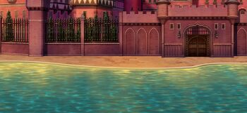 fence game_cg gate lake lantern mansion misty_lake no_humans non-web_source official_art outdoors scarlet_devil_mansion scenery shore touhou touhou_gensou_eclipse twilight water