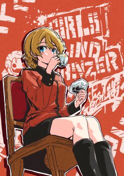 1girl absurdres analog_ouji black_boots black_skirt blonde_hair blue_eyes boots breasts chair commentary_request cup darjeeling_(girls_und_panzer) drinking drinking_glass english_text girls_und_panzer highres holding holding_cup holding_saucer jacket long_sleeves red_jacket saucer short_hair sideways_glance sitting skirt small_breasts solo st._gloriana's_military_uniform teacup