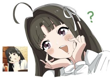 1girl ? ahoge awa_subaru black_hair blush_stickers collared_shirt cropped_shoulders doroame_(ameyu) girls_band_cry hair_intakes hair_ribbon hands_on_own_chin head_tilt long_hair long_sleeves open_mouth parted_bangs purple_eyes reference_inset ribbon scene_reference shirt simple_background solo teeth upper_teeth_only white_background white_ribbon white_shirt