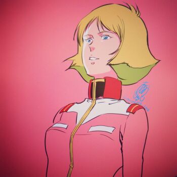 1girl blonde_hair blue_eyes dated earth_federation gundam highres long_sleeves military_uniform mobile_suit_gundam oono_junji sayla_mass short_hair simple_background smile solo