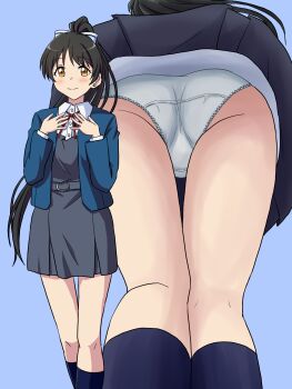 Rule 34 | black hair, black socks, blue background, blue dress, blue jacket, bow, commentary request, commission, crotch seam, dress, dress shirt, from below, hair bow, hands on own chest, hazuki ren, high ponytail, highres, jacket, kneehighs, lielos, light blush, long hair, long sleeves, love live!, love live! superstar!!, mtu virus, multiple views, neck ribbon, panties, partial commentary, pinafore dress, pixiv commission, pleated dress, ponytail, red ribbon, ribbon, school uniform, shirt, short dress, simple background, sleeveless, sleeveless dress, socks, underwear, upskirt, voyeur pov, white panties, white shirt, wing collar, yellow eyes, yuigaoka school uniform