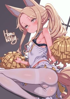 1girl alternate_costume alternate_hairstyle animal_ear_fluff animal_ears artist_name black_bra blonde_hair blue_archive bra breasts cheerleader closed_mouth commentary covered_erect_nipples extra_ears fox_ears fox_girl fox_tail highres holding holding_pom_poms long_hair looking_at_viewer lying miniskirt on_side paid_reward_available pantyhose pleated_skirt pom_pom_(cheerleading) pom_poms ponytail puddinghomhom seia_(blue_archive) shirt skirt sleeveless sleeveless_shirt small_breasts solo sweat tail thighband_pantyhose underwear white_pantyhose white_shirt white_skirt yellow_eyes