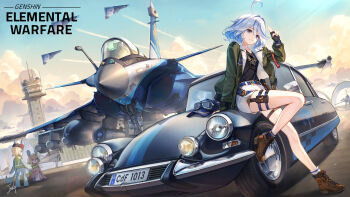 1girl absurdres ahoge air-to-air_missile air_traffic_control aircraft airfield airplane alternate_costume alternate_universe aviator_sunglasses baek_hyang black_shirt blue_car blue_eyes bomber_jacket breasts car citroen citroen_ds cloud commentary contemporary contrail dassault_rafale drone external_fuel_tank english_commentary fighter_jet france french_text furina_(genshin_impact) genshin_impact goggles goggles_on_headwear green_jacket hat heads-up_display high-visibility_clothing high-visibility_vest highres hoyofair jacket leg_up license_plate melusine_(genshin_impact) military_vehicle motor_vehicle no_tables on_car outdoors patch remove_before_flight_tag salute shirt short_hair shorts shoulder_patch small_breasts solo_focus sunglasses tower unworn_eyewear unworn_hat unworn_headwear user_interface white_hair white_shorts