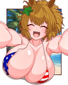 1girl absurdres american_flag american_flag_bikini american_flag_print animal_ears beach bikini breasts brown_hair cleavage closed_eyes collarbone flag_print flag_print_bikini fourth_wall hair_ornament highres horse_ears horse_girl huge_breasts long_hair open_mouth outdoors outstretched_arms palm_tree ponytail print_bikini samuraisouru1954 skindentation smile solo star_(symbol) star_hair_ornament swimsuit taiki_shuttle_(umamusume) teeth tree umamusume upper_teeth_only
