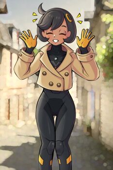 1girl absurdres black_bodysuit black_gloves black_hair blush bodysuit bodysuit_under_clothes breasts brown_jacket closed_eyes dark-skinned_female dark_skin el_pan_frances emma_(pokemon) facing_viewer gloves hair_ornament highres jacket latex latex_bodysuit mega_stone nintendo open_mouth orange_gloves pokemon pokemon_legends:_z-a short_hair smile solo two-tone_gloves