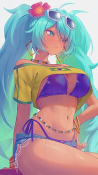 1girl absurdres aqua_eyes aqua_hair bare_shoulders bikini blue_shorts blush brazilian_miku breasts closed_mouth commentary crop_top crop_top_lift cutoffs dark-skinned_female dark_skin eyewear_on_head flower hair_flower hair_ornament hand_on_own_hip hatsune_miku highres jewelry large_breasts long_hair necklace paid_reward_available pearl_necklace purple_bikini red_flower short_shorts shorts side-tie_bikini_bottom simple_background sitting small_sweatdrop solo swimsuit symbol-only_commentary tinted_eyewear twintails very_long_hair vitaminechan vocaloid white_background
