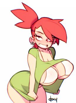 1girl alternate_ass_size alternate_body_size alternate_breast_size_(larger) artist_name ass bikini bikini_top_only bikini_under_clothes blush breasts cowboy_shot curvy doxy earrings foster&#039;s_home_for_imaginary_friends frankie_foster grin high_ponytail huge_breasts jewelry leaning_forward legs_together long_hair looking_at_viewer ponytail red_hair short_hair signature simple_background smile solo standing swimsuit thighs white_background white_bikini