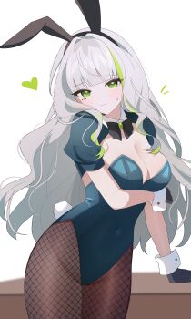 1girl absurdres alternate_costume animal_ears arm_under_breasts black_bow black_bowtie black_gloves blunt_bangs bow bowtie breasts brooch commentary covered_navel cowboy_shot facial_mark fake_animal_ears fake_tail firenze_(stella_sora) fishnet_pantyhose fishnets gloves green_eyes green_hair green_leotard grey_hair hair_intakes heart highres jewelry large_breasts leotard long_hair looking_at_viewer multicolored_hair notice_lines pantyhose playboy_bunny puffy_short_sleeves puffy_sleeves rabbit_ears rabbit_tail short_sleeves shusuchii simple_background solo stella_sora streaked_hair symbol-only_commentary tail two-tone_hair wavy_hair wavy_mouth white_background wrist_cuffs