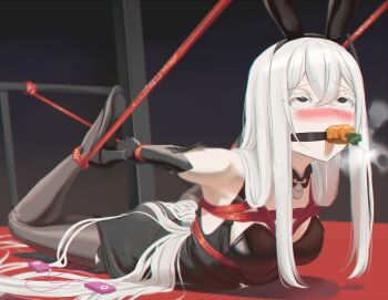 1girl absurdres ahegao animal_ears arms_behind_back bare_shoulders bdsm black_dress black_eyes black_gloves black_leotard black_pantyhose blush bondage bound breast_bondage breasts cailin020 detached_collar dress echidna_(re:zero) egg_vibrator elbow_gloves fake_animal_ears food_gag gag gloves high_heels highres hogtie leotard long_hair looking_up lying on_stomach pantyhose playboy_bunny re:zero_kara_hajimeru_isekai_seikatsu restrained sex_toy shibari shibari_over_clothes small_breasts solo very_long_hair vibrator white_hair