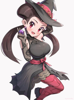 1girl alternate_costume armpit_crease black_dress blush breasts brown_hair commentary_request dot_nose dress earrings gonzarez hat highres jewelry large_breasts long_hair looking_at_viewer nintendo open_mouth pants pokemon pokemon_masters_ex red_eyes red_pants red_ribbon ribbon roxanne_(fall_2023)_(pokemon) roxanne_(pokemon) simple_background solo twintails white_background witch_hat