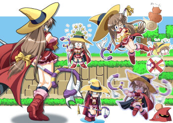 1girl 2others afterimage arm_behind_back belt belt_buckle black_belt black_cape black_socks blue_eyes boots bound bow breasts brown_hair buckle cape chibi cleavage cloud commentary_request deformed detached_sleeves f20_(funimaru) flower flower_on_head from_behind genderswap genderswap_(mtf) glasses hair_bow hair_tubes hat head_bump highres holding holding_staff hood hood_up horns long_hair low-tied_long_hair medium_breasts miniskirt motion_lines multiple_others multiple_views notice_lines one_eye_closed open_mouth pointy_ears puff_of_air red_boots red_cape red_hood red_shirt red_skirt red_sleeves round_eyewear shirt sidelocks single_horn skirt smile socks speech_bubble staff standing strapless strapless_shirt tied_up_(nonsexual) tree very_long_hair wet wet_clothes white_flower witch witch_hat wiz_(game) wiz_(taito) yellow_bow yellow_eyes yellow_hat