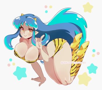 1girl animal_print artist_name bakuatsukiyu bikini blue_hair blush boots breasts cleavage closed_mouth collarbone commentary cone_horns hand_up horns index_finger_raised knees large_breasts long_hair looking_at_viewer lum orange_eyes pointy_ears print_bikini simple_background smile solo star_(symbol) swimsuit tiger_print urusei_yatsura very_long_hair white_background yellow_bikini yellow_boots