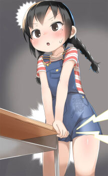 1girl black_hair blush braid commentary_request crotch_rub highres loli masturbation mitsudomoe_(manga) mole mole_under_eye ogata_airi overalls paid_reward_available shirt solo striped_clothes striped_shirt table_humping twin_braids yone_kinji