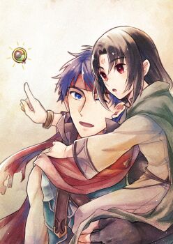 2boys aged_down black_hair blue_eyes blue_hair bracelet child commentary_request facial_mark fire_emblem fire_emblem:_path_of_radiance fire_emblem:_radiant_dawn fire_emblem_heroes forehead_mark headband highres ike_(fire_emblem) ike_(vanguard_legend)_(fire_emblem) jewelry long_hair male_focus mochi88543 multiple_boys nintendo official_alternate_costume one_eye_closed red_eyes red_headband short_hair soren_(fire_emblem) soren_(hushed_voice)_(fire_emblem)