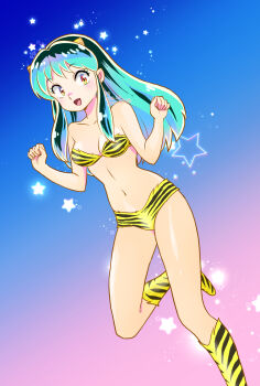 01angelegg 1girl :d animal_print bare_arms black_hair blue_background blue_hair bra fang gradient_background highres horns kneehighs leg_up looking_at_viewer lum multicolored_hair navel open_mouth orange_eyes panties pink_background print_bra print_panties shiny_skin short_hair smile socks solo strapless strapless_bra striped_bra striped_clothes striped_panties striped_socks tiger_print tiger_stripes underwear underwear_only urusei_yatsura yellow_bra yellow_panties yellow_socks