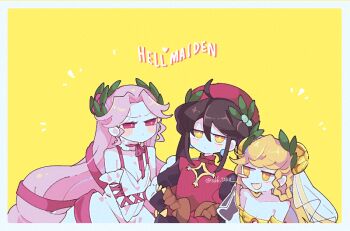 3girls ahoge blonde_hair border braid braided_hair_rings brown_hair cosmicmind dante_alighieri_(hell_maiden) hair_rings hell_maiden horace_(hell_maiden) laurels long_hair multiple_girls open_mouth pink_hair simple_background smile twintails veil very_long_hair virgil_(hell_maiden) white_border white_veil yellow_background yellow_eyes