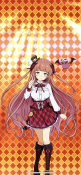 1girl aqua_eyes black_boots boots bow bowtie demon demon_girl demon_horns demon_tail hat highres horns knee_boots long_hair long_sleeves mini_hat orange_hair plaid_clothes plaid_skirt red_bow red_bowtie red_hair red_skirt selina_falset shirt skirt tail uchi_no_hime-sama_ga_ichiban_kawaii white_shirt