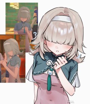 1girl ? artist_name blonde_hair breasts character_request china_dress chinese_clothes commentary_request covered_navel derivative_work dress hair_over_eyes hairband highres medium_hair parted_lips reference_inset screenshot_redraw simple_background small_breasts twitter_username ume_(yuuki-110813) white_background white_hairband zenless_zone_zero