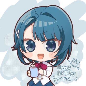 1girl :d aizawa_kazuha assault_lily asymmetrical_hair blue_eyes blue_hair blue_skirt blush bow bowtie character_name chibi coffee commentary_request cowboy_shot cup drawn_crown grey_background hair_ornament hairclip hands_up happy_birthday herensuge_girls_academy_school_uniform holding holding_cup jacket jewelry long_sleeves looking_at_viewer medium_hair mug open_mouth parallel_hairclips polka_dot polka_dot_background ponokaijo red_bow red_bowtie ring school_uniform skirt smile solo standing steam twitter_username two-tone_background v-shaped_eyebrows white_background white_jacket