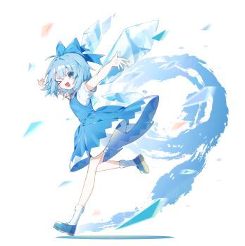 1girl absurdres blue_bow blue_dress blue_eyes blue_hair bow cirno dress full_body hair_bow highres ice ice_wings one_eye_closed open_mouth shoes short_hair short_sleeves sia_6767 smile socks solo touhou white_socks wings