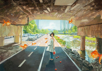 1girl 1other absurdres animal_request arms_at_sides bag black_hair bridge building car commentary day denim english_commentary fish highres holding holding_bag jeans lead_pipe looking_at_viewer motor_vehicle original outdoors pants pants_under_skirt parted_lips plastic_bag river sandals scenery shade short_hair skirt skyscraper solo_focus summer tank_top tomato toti_(lanaq) tree walkway water water_drop white_sandals white_skirt white_tank_top