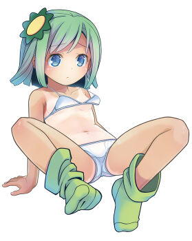 1girl bikini blue_eyes breasts green_hair green_socks hair_ornament highres loli navel one-piece_tan original pop_(electromagneticwave) simple_background small_breasts socks solo spread_legs swimsuit tan tanline white_background white_bikini