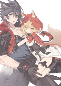 1boy 1girl animal_ear_fluff animal_ears arknights arknights:_endfield belt black_gloves black_hair black_pants blade_(galaxist) blonde_hair brother_and_sister cape chest_belt cloak closed_mouth dress ears_through_headwear ears_through_hood facial_scar fingerless_gloves gloves high_belt highres holding hood hood_up hooded_cape hooded_cloak jacket long_hair looking_at_viewer low-tied_sidelocks pants red_cape red_cloak red_hood rossi_(arknights) scar scar_on_cheek scar_on_face short_hair siblings sidelocks tail white_dress wolf_boy wolf_ears wolf_girl wulfgard_(arknights)