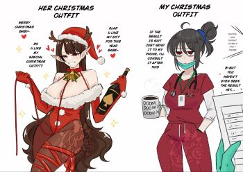 2girls anger_vein bare_shoulders bell black_hair bottle breasts brown_hair brown_pantyhose choppy_bangs christmas closed_mouth coffee_mug commentary cup doctor elbow_gloves english_commentary english_text fake_antlers fur-trimmed_headwear fur-trimmed_leotard fur_trim gloves green_mask hair_bun hand_in_pocket hat heart highres holding holding_bottle holding_cup lanyard large_breasts leotard long_hair looking_at_viewer mamaprofennn mask mask_pull mouth_mask mug multiple_girls neck_bell original pants pantyhose parted_bangs pointy_ears red_eyes red_gloves red_hat red_leotard red_pants red_shirt santa_costume santa_hat santa_leotard shirt short_hair simple_background single_hair_bun smile stethoscope stethoscope_around_neck surgical_mask very_long_hair white_background