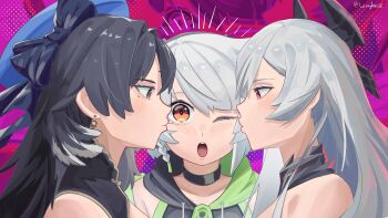 3girls :o absurdres anby_demara berenica_(duet_night_abyss) beret black_choker black_eyes black_hair blue_hat choker closed_mouth commentary crossover duet_night_abyss earrings english_commentary eye_contact feather_hair grey_hair hat highres jewelry lennykaise long_hair looking_at_another mole mole_under_eye multiple_girls one_eye_closed open_mouth orange_eyes red_eyes wuthering_waves yangyang_(wuthering_waves) zenless_zone_zero