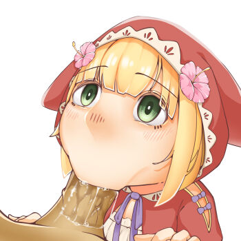 1boy 1girl :>= artist_request bad_id bad_pixiv_id blonde_hair green_eyes grimms_notes hetero highres pov purple_ribbon red_hood red_riding_hood_(anime)_(grimms_notes) red_riding_hood_(grimms_notes) ribbon short_hair upper_body