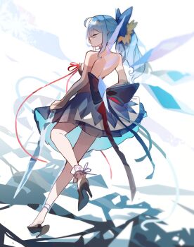 1girl adapted_costume aged_up alternate_hairstyle backless_dress backless_outfit blue_bow blue_dress blue_hair bow brown_shoes cirno closed_eyes commentary detached_wings dress from_behind hair_bow high_heels highres ice ice_wings kaliningradg ponytail shoes solo symbol-only_commentary touhou wings