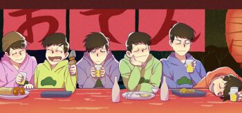 10s 35_samo 6+boys alcohol beer brothers brown_hair closed_eyes derivative_work drunk food food_stand head_rest hood hoodie laughing male_focus matsuno_choromatsu matsuno_ichimatsu matsuno_jyushimatsu matsuno_karamatsu matsuno_osomatsu matsuno_todomatsu messy_hair multiple_boys oden osomatsu-kun osomatsu-san osomatsu_(series) reference_work screenshot_redraw sextuplets siblings sitting smile