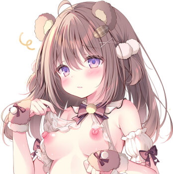 1girl ahoge animal_ears arm_bow armband blush bow bowtie breasts breasts_apart brown_hair closed_mouth commentary_request embarrassed fake_animal_ears frilled_armband frills grey_bow grey_bowtie hair_between_eyes hair_ornament huge_nipples lingerie long_bangs long_hair medium_breasts no_bra original purple_eyes raised_inner_eyebrows revealing_clothes simple_background solo underwear warm_colored watagashi_yui wavy_mouth white_armband white_background wristband x_hair_ornament