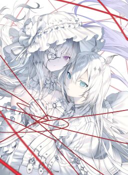 2girls absurdly_long_hair blue_eyes commentary_request cover cover_page eyepatch gloves gradient_hair highres holding_hands kotarou_(kot_mochi) long_hair looking_at_viewer multicolored_hair multiple_girls novel_cover novel_illustration official_art original purple_eyes purple_hair simple_background string string_of_fate upper_body very_long_hair white_background white_gloves white_hair