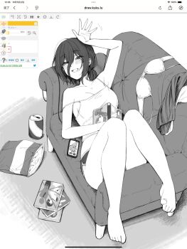 1girl arm_up armpits art_program_in_frame bag_of_chips bare_legs barefoot blush bra breasts camisole can casual cellphone chainsaw_man chips_(food) choker cleavage commentary couch dolphin_shorts drink_can food from_above full_body grenade_pin greyscale hair_between_eyes hair_bun hayakuhashireyo highres knees_together_feet_apart long_hair_between_eyes looking_at_viewer lying magicaldraw magicaldraw_(medium) medium_breasts midriff monochrome on_back parted_lips phone reze_(chainsaw_man) short_hair shorts simple_background single_hair_bun smartphone smile soda_can solo spaghetti_strap strap_slip underwear unworn_bra unworn_clothes waving white_background