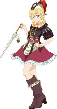 Rule 34 | 1girl, artist request, blonde hair, blue eyes, boots, brown boots, closed mouth, closed umbrella, edna (tales), full body, game cg, hat, highres, holding, holding umbrella, looking at viewer, medium hair, normin (tales), official alternate costume, official art, one eye closed, phoenix (tales), pirate costume, pirate hat, skirt, smile, solo, standing, tales of (series), tales of asteria, tales of zestiria, third-party source, transparent background, twintails, umbrella, white umbrella