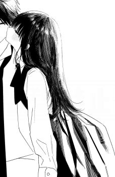 1boy 1girl blush closed_eyes collared_shirt dress greyscale highres kiss kissing_cheek leaning_on_person long_hair long_sleeves monochrome necktie original pinafore_dress shirt simple_background sketch sleeveless sleeveless_dress wanoumi