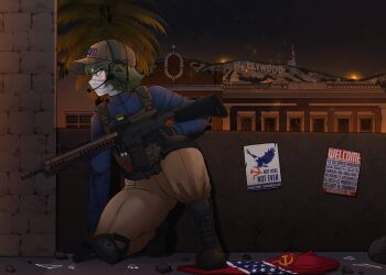 1girl absurdres assault_rifle bald_eagle baseball_cap belt bird black_boots black_gloves blue_shirt boots broken_glass brown_belt brown_hat brown_pants bulletproof_vest cargo_pants columbia_(random_weeb) commentary commission darthcat1234 destruction eagle elbow_pads english_commentary english_text eotech fasces_(object) flag flag_patch foregrip glass gloves glowstick green_hair grey_background gun hammer_and_sickle hat headset hearts_of_iron highres holding holding_gun holding_weapon hollywood_sign knee_guards lightstick los_angeles m4_carbine magazine_(weapon) mask mouth_mask optical_sight orange_hat original pants pocket poster_(object) propaganda purple_eyes rifle second-party_source shirt short_hair short_sleeves simple_background solo squatting the_fire_rises utility_belt vertical_foregrip watermark weapon web_address