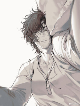 1boy bara beard_stubble clive_rosfield creisoa facial_hair final_fantasy final_fantasy_xvi highres looking_at_viewer lying male_focus mature_male on_bed on_side outstretched_arms pectorals pov pov_across_bed shirt sleepy solo squeans stubble thick_eyebrows upper_body watermark weibo_watermark