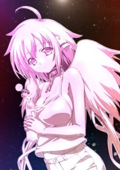 1boy 1girl :o ahoge angel angel_wings bare_shoulders bottle breasts broken broken_chain camisole chain chain_leash chibi chibi_inset cleavage collar collarbone earth_(planet) hair_ribbon highres holding holding_bottle ikaros large_breasts leash long_hair looking_at_viewer metal_collar navel official_artist_extra partially_colored planet ribbon robot_ears sakurai_tomoki sky sora_no_otoshimono spaghetti_strap star_(sky) starry_sky twintails very_long_hair watanabe_yoshihiro wings