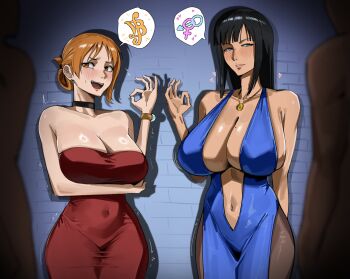 2boys 2girls absurdres alternate_costume black_choker black_hair blue_dress blue_eyes breasts brown_eyes choker cleavage closed_mouth collarbone commentary covered_navel curvy dress earrings english_commentary heart highres huge_breasts indoors interlocked_mars_and_venus_symbols jewelry kartistry long_hair looking_at_another mars_symbol mole mole_on_breast multiple_boys multiple_girls nami_(one_piece) navel nico_robin official_alternate_costume one_piece one_piece:_the_giant_mechanical_soldier_of_karakuri_castle orange_hair prostitution red_dress shiny_skin smile strapless strapless_dress trembling venus_symbol wide_hips