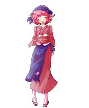 1girl alphes_(style) animal_ears apron arms_behind_back bird_ears blue_apron blush brown_kimono brown_sandals commentary_request dairi earrings full_body hat highres japanese_clothes jewelry kimono large_variant_set mystia_lorelei no_wings obi okamisty parody pink_hair sandals sash short_hair socks solo standing style_parody tachi-e tasuki touhou transparent_background variant_set white_socks
